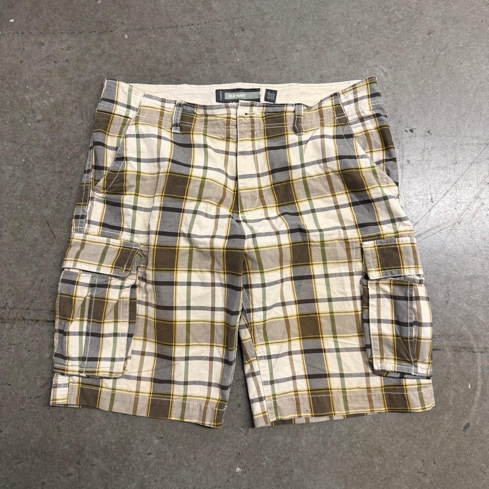 Old Navy Mens Plaid Cargo Shorts Size 38 Brown Green Cream Casual Summer 2543